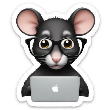 A black rat with glasses and a macbook sticker