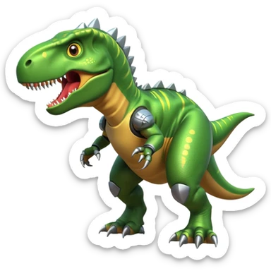 fierce rocket-propelled dinosaur, armored T-rex, rocket thrusters, intense eyes, dynamic action pose, 3D cartoon, mobile game icon style, clean background, no text, no watermark
 sticker
