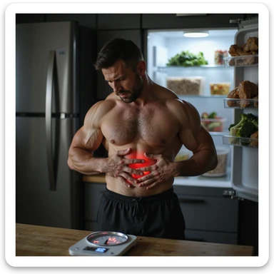 hyperrealistic 4K image of a man in athletic gear doubled over in pain holding his stomach next to a digital scale showing '75kg', open fridge with meal-prep containers of chicken, rice, broccoli in the background sticker