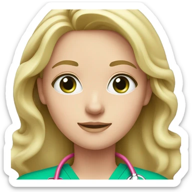 pale blonde girl with long wavy hair and green eyes wearing pink scrubs and stethoscope  sticker