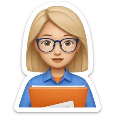 An asian woman with papers and laptop wearing glasses in blue and orange shirt sticker