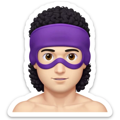 shirtless athletic man with white skin and black curly hair, wearing a purple ski mask sticker