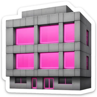 Concrete block building in brutalist style with one pink neon window and several standard windows sticker