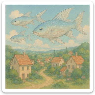 ghibli style flying fish above a village, serene, detailed, pastel colors sticker