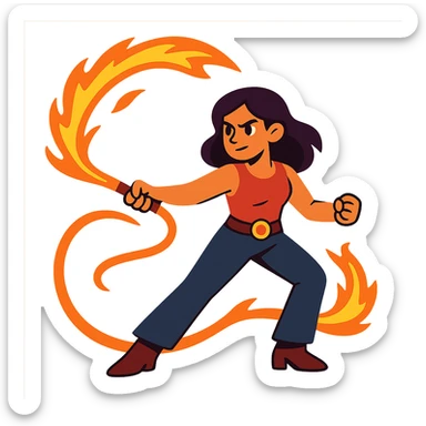 flat toon style woman with a fire whip, bold colors sticker