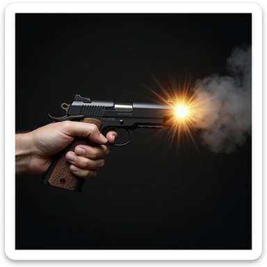 a realistic handgun firing a bullet, with muzzle flash and smoke coming out of the barrel, photorealistic style sticker