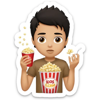 generate a pretty tan bratz boy with a brown tshirt on. eating a popcorn. messy black hair sticker