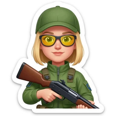 Green hunting blond woman with glassesirl sticker