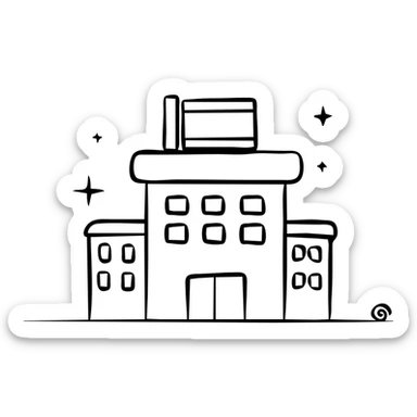 Hospital building with Thai flag on top, medical symbol, simple line drawing sticker