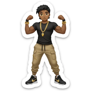 full side body view of muscular teen boy with veiny hands arms and biceps. has messy black hair with dark-tan skintone with black tshirt. has gold chain and nike shoes with baggy pants sticker