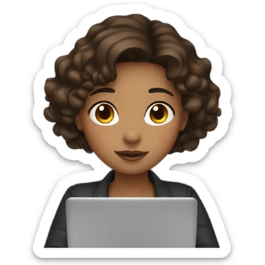 woman with freckles hugging laptop wavy dark brown hair sticker