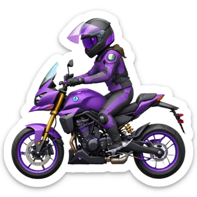 Créer un emoji copiable sur mon système iOS avec une moto mt07 noir mate / violet plus foncé que tu as et iridescent. le style de la mt07 doit être en sport. Avec pilote dessus visière violet bulle de la moto violet aussi. Avec fond arrière  violet  sticker