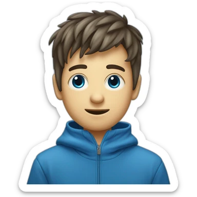 Un garçon aux cheveux châtains foncé lui arrivant aux épaules avec une frange à gauche lui tombant sur l'oeil avec les yeux bleus portant un sweat à capuche bleu qui pleure de rire sticker