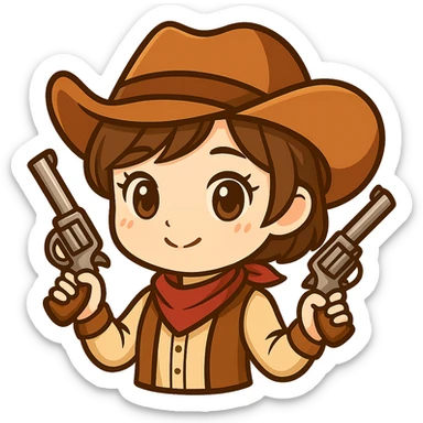 Make this chibi cowgirl more girly by adding long eyelashes, softer facial features, a smaller and cuter mustache or removing it, pink blush, and a more feminine pose. Keep the cowboy hat, short hair, western outfit, and two guns. Maintain the chibi/anime style. Transparent background, sized for Twitch or Discord use. sticker
