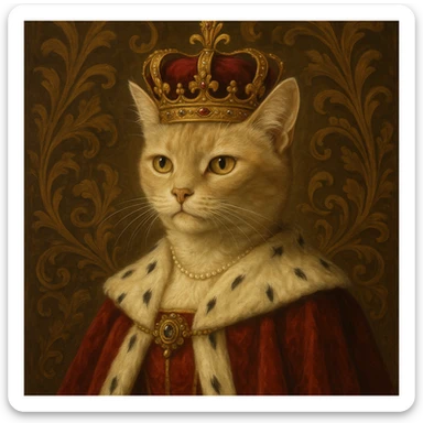 queen cat, elegant cat with royal cape and crown, dignified expression, ornate background sticker