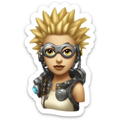 Light yellow Mohawk hair female cyborg head, tan skin, steampunk goggles and circuits sticker