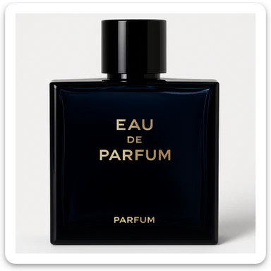 Create a high-quality, photorealistic illustration of a perfume bottle inspired by Bleu de Chanel Parfum. The bottle should have deep blue glass, a square shape, a black cap, and gold text in a similar elegant style but without any brand names or logos. The finish should be premium and elegant, with a white background. Use the provided reference image for details. sticker