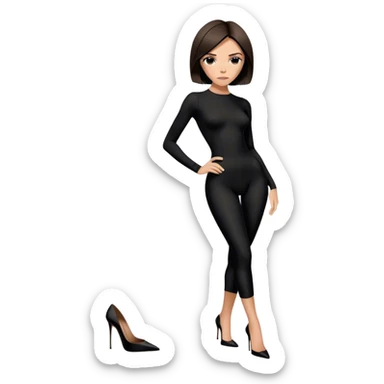 Victoria Beckham with short dark brown bob haircut, black bodysuit wearing black heels sticker