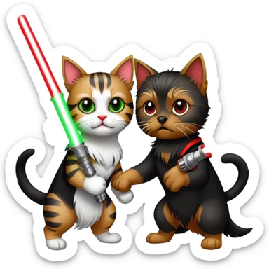 yorkshire terrier with green lightsaber fighting a black and white cat with a red lightsaber sticker