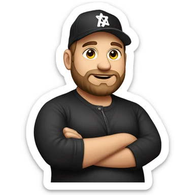 Fat Jewish man in his 30s wearing black trucker hat that says Founder sticker