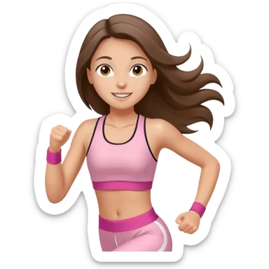 white happy brunette teen long hair with hazel eyes in light pink workout clothes jogging through race finish line sticker