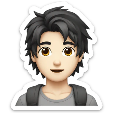 Boy white skin black hair brown eyes gray t-shirt anime style sticker