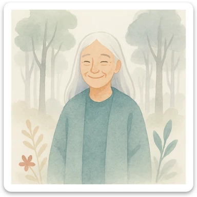 legendary mentor, smiling elderly woman with long silver hair, in an enchanted forest, watercolor style sticker