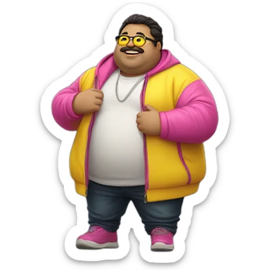 fat man with dark hair,a vibrant long yellow jacket, pink glasses. Show full lenght peson sticker