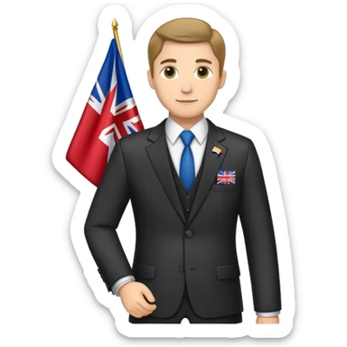 A diplomat in a formal suit with a briefcase and flag pin on lapel sticker