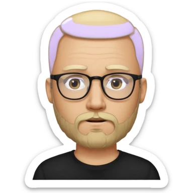 bearded blonde bald man with eyeglasses with black shirt sticker