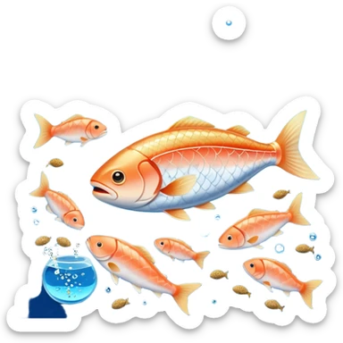Golden omega-3 capsule floating in blue liquid currents, with salmon fillets, walnuts, chia seeds, and flaxseeds orbiting alongside an ethereal fish near a radiant brain. Blue waves expand from the brain, showing the mental clarity and emotional benefits of omega-3 rich foods. sticker