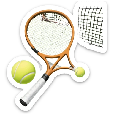 A tennis racket and ball positioned on a grass court, with the net and lines clearly visible in the background. The scene emphasizes the classic elements of the sport, capturing the energy and precision of a tennis match. sticker
