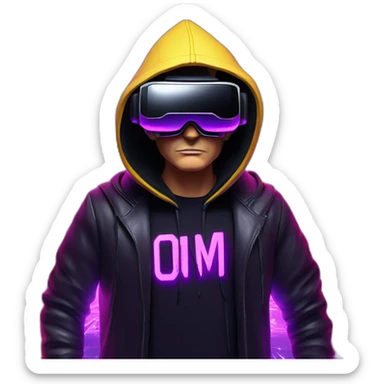 Donald Trump wearing a black hoodie with "OMG" letters on it and VR headset in a cyberpunk VR environment with violet neon lighting. sticker