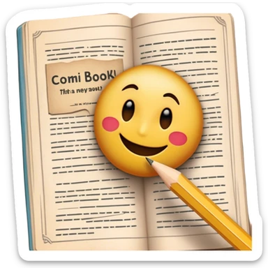 Create a detailed emoji representing the process of writing texts for comic books. The design should feature a large, open comic book with vintage comic strips visible on its pages. A pencil should be shown writing text on one of the comic panels, but without a hand. The pencil should appear as though it is actively creating the dialogue or narration. Use a classic color palette with muted tones for the comic book and brighter accents on the pencil to draw attention to the writing process. Do not include any emojis or smiley faces. Make the background transparent. sticker