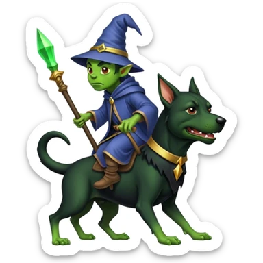 A goblin wizard riding a black hound dog  sticker