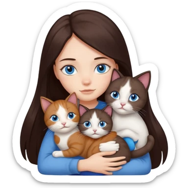 a girl with long dark 
brown hair, with blue eyes, hugs 3 different natural coloured cats sticker