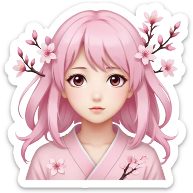 A Gorgeous Beautiful Anime Lady Sakura Cherry Blossom and Pretty Hair, pastelcore aesthetic, pastel pink and white sticker