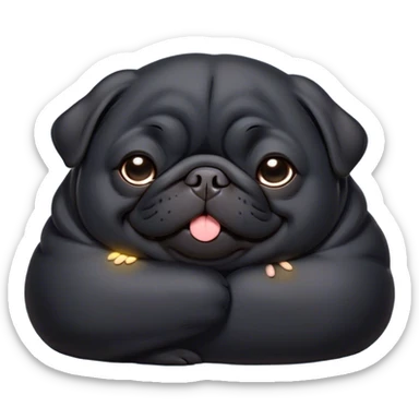 Cinematic Meme-Worthy Chubby Sleeping Black Pug Portrait Emoji, Head resting peacefully with a contented smile, showcasing a delightfully chubby build and a luxuriously soft black coat, eyes shut in a serene nap, Simplified yet hilariously adorable features, highly detailed, glowing with a soft, drowsy light, high shine, relaxed and utterly lovable, stylized with an air of playful laziness, bright and heartwarming, soft glowing outline, capturing the essence of a comically sleepy companion, so meme-worthy it feels like it could instantly become the next viral sensation of adorable slumber! sticker