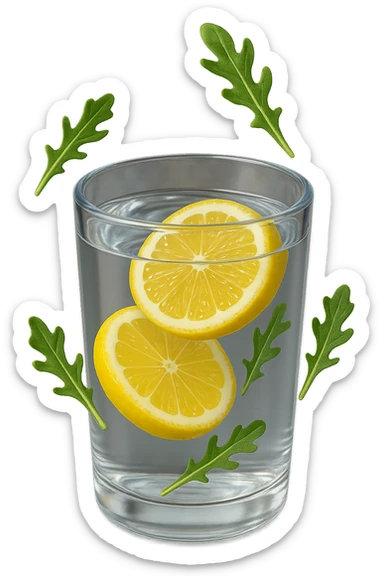 emoji stile iphone 3d di un bicchiere di acqua con limone e qualche foglia di rucola che fluttua intorno in aria, iperrealistico 4k sticker