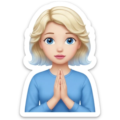 Girl Blonde short wavy hair,  blue eyes, cute blue top, long lashes, pink lips, praying hands sticker