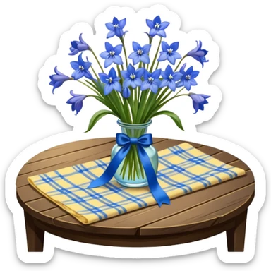 A lush bouquet of bright blue color bluebell black satin ribbon, resting on an antique wooden table, with a pale yellow and pink plaid pattern table cloth sticker