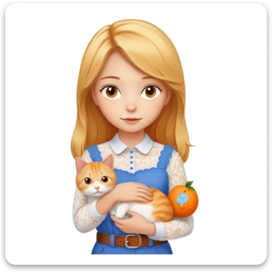 A very beautiful girl with honey-blond hair and kind eyes. She has medium-length hair, is wearing a white lace blouse, blue pants, and a brown belt, and is holding an orange cat.
 sticker
