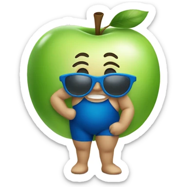 An apple wearing a bathing suit sticker