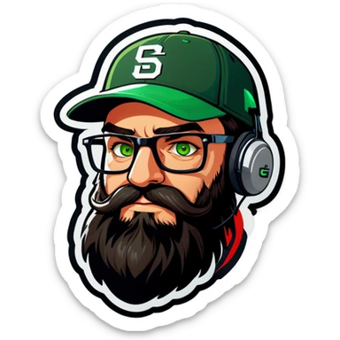 A man with a grey baseball cap, green eyes, big dark brown beard and glasses, gamers headset sticker