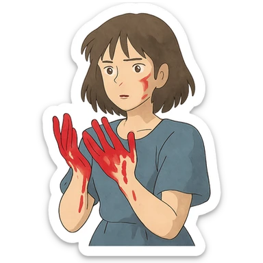 ghibli style illustration of a woman with blood on her hands sticker