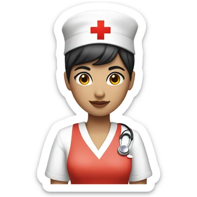 pixie cut black straight hair female nurse with red cross sign hat wearing dress
pale skin color sticker