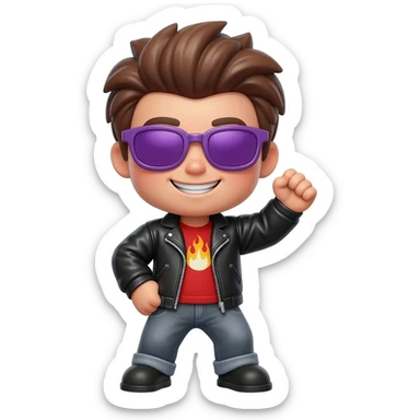 Cool Roblox boy avatar emoji, brown hair, purple sunglasses, smiling face, black leather jacket, red shirt with flame design, gray jeans, confident pose with one hand raised, playful and stylish vibe, 3D cartoon style, bright lighting, cute gaming emoji style sticker