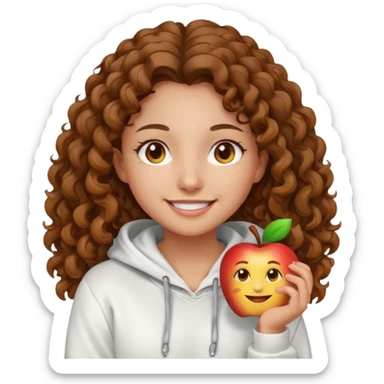 Una ragazza con una felpa semplice bianca,ha gli occhi marroni,i capelli marroni  , c’è gli ha lunghi e ricci  e ha le ciglia lo stile dell immagine deve essere  stile emoji apple sticker