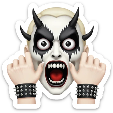 black metal style emoji screaming face with corpse paint, studded wristbands sticker