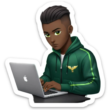 male with dark hair, wearing a black palm angels tracksuit, high fade haircut, slick back hairstyle, green eyes, green aura, coding on black laptop sticker